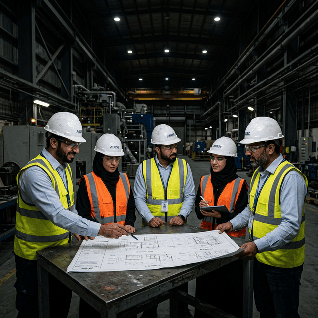 Tecrolex engineering team reviewing technical plans at an industrial facility in Abu Dhabi, UAE